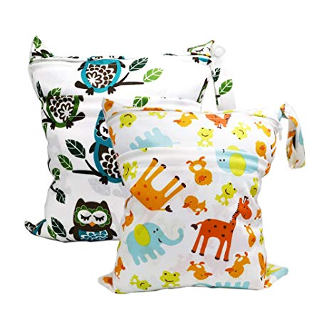 Baby Wet and Dry Cloth Diaper Bags, Nappy Organizer Bag, Multipurpose Travel Packing Organizer Bags for Swimsuit, Underwear, Breast Pump with 2 Pockets, Washable & Reusable (Owl   Giraffe)