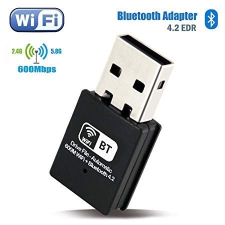 USB WiFi Bluetooth 4.2 Adapter - Wi-Fi Receiver 600 Mbps & Wireless Bluetooth 2-in-1 Dongle, Support Windows XP/ 7/8/10/ Vista, Mac OS, Linux for PC Desktop Laptop