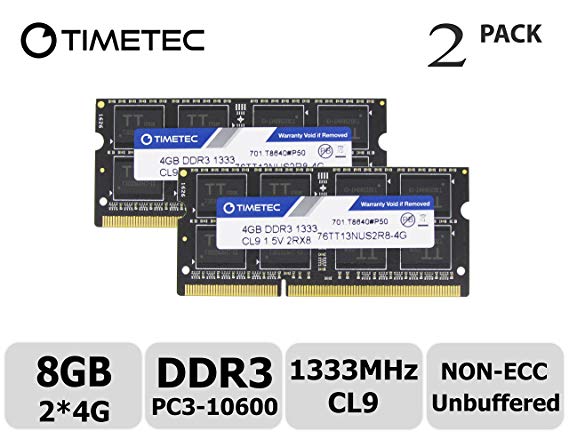 Timetec Hynix IC 8GB KIT (2x4GB) DDR3 1333MHz PC3-10600 Non ECC Unbuffered 1.5V CL9 2Rx8 Dual Rank 204 Pin Sodimm Laptop Notebook Computer Memory Ram Module Upgrade (Low Density 8GB (2x4GB))