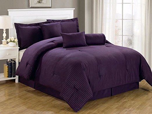 Chezmoi Collection 7-Piece Hotel Dobby Stripe Comforter Set, Queen, Purple
