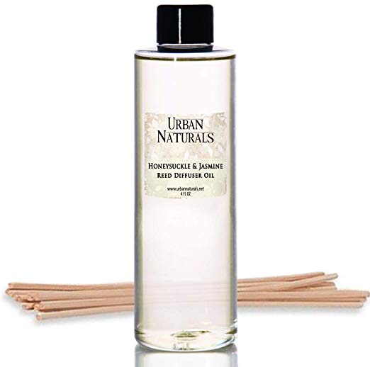 Urban Naturals Honeysuckle & Jasmine Reed Diffuser Oil Refill | Beautiful Floral Fragrance | Hyacinth, Neroli, Iris, Rose & Lily of The Valley | Includes Free Set of Reed Sticks! Made in The USA