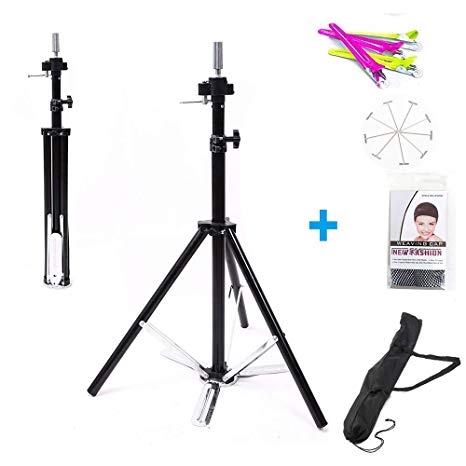 Mannequin Head Stand Tripod Wig Stand Adjustable Black manikin stand With Foot Pedal Duty Heavy Stable Canvas Block Head Holder For Wigs, Salons,Hairdressing,Cosmetologist (Adjustable Wig Stand)
