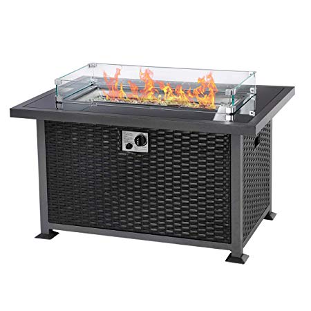 U-MAX 44in Outdoor Propane Gas Fire Pit Table, 50,000 BTU Auto-Ignition Gas Firepit with Glass Wind Guard, Black Tempered Glass Tabletop & Clear Glass Rock, Aluminum Frame&PE Rattan, CSA Certification