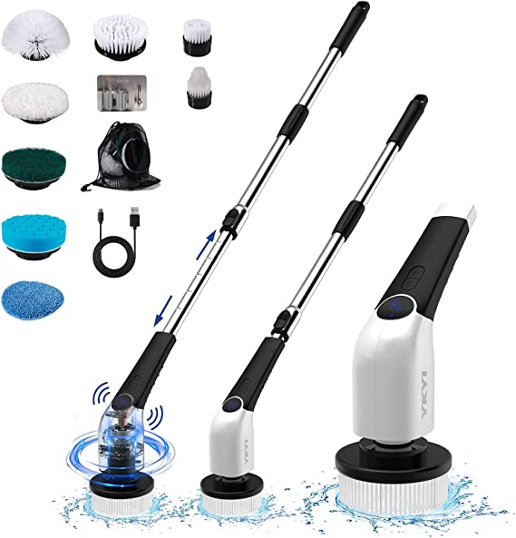 YKYI Electric Spin Scrubber,Cordless Cleaning Brush,Shower Cleaning Brush with 8 Replaceable Brush Heads, Power Scrubber 3 Adjustable Speeds,Adjustable & Detachable Long Handle,Voice Broadcast