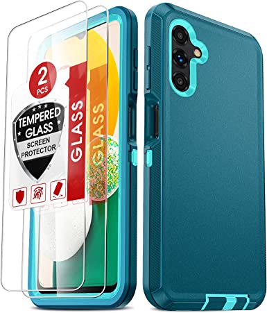 Galaxy A13 5G Case, Samsung Galaxy A13 Case [NOT FIT 4G] with 2 Pack Tempered Glass Screen Protectors, LeYi 3 in 1 Full Body Shockproof Rubber Dustproof Rugged Defender Case for Galaxy A13, Teal Blue