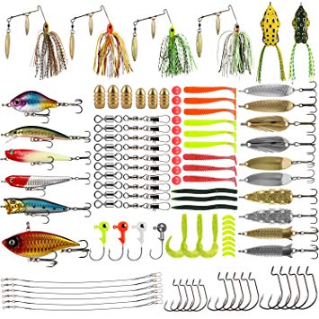 Magreel Fishing Lures Kit, 110Pcs Fish Baits Kit Set with Tackle Box Including Crankbaits, Spinnerbaits, Spoons, Topwater Lures, Swimbaits, Rubber Worms, Jigs, Fishing Hooks