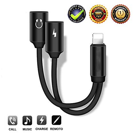 Headphones Adapter Car Chargers for iPhone Adapter Aux Headphone Jack Adaptor Charger for iPhone 8/8Plus/7/7Plus/X/XSmax 2 in 1 Earphone Audio Connector Jack Splitter Cable Accessories Suppor All iOS