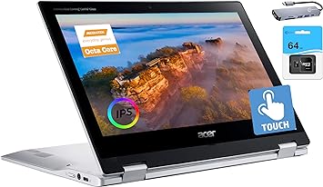 acer Chromebook Spin 2-in-1 Convertible Laptop (2023), 8-Core MediaTek MT8183C Processor, 11.6" HD IPS Touchscreen, 4GB RAM,128GB (64GB eMMC 64GB SD), WiFi 5,Long Battery, Chrome OS MarxsolAccessory