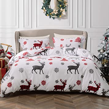 Duvet Covers for Christmas Queen Size Ultra Soft Washed Microfiber Deer Tree Printed Comforter Cover Sets 3 Pieces Xmas Celebration Bedroom Decor, White 90x90