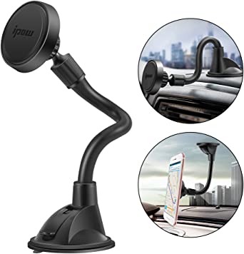 IPOW Long Arm Universal Magnetic Cradle Windshield Dashboard Cell Phone Mount Holder with 4 Metal Plates, Soft Firm Goose Arm and Enhanced Suction Cup