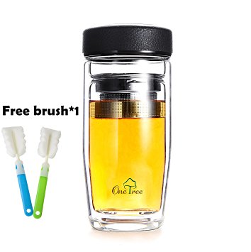 One Tree 380ml No Leak Double Wall Glass Tea Tumbler With Strainer, Water Bottle with Fruit Tea Flower Infuser, 1 Bottle Brush For Free Gift(Black)