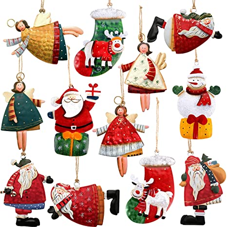 Skylety 12 Pieces Christmas Tin Metal Ornaments Tin Santa Angel Decorations Santa Angel Ornaments for Christmas Favors