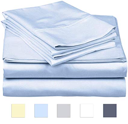 SanCozy 400 Thread Count Sheet Set, 4 Piece Set, Cotton, Queen Size,Light Blue,Sateen Weave Bedsheet, Breathable, Fits up to 18 inches deep mattresses