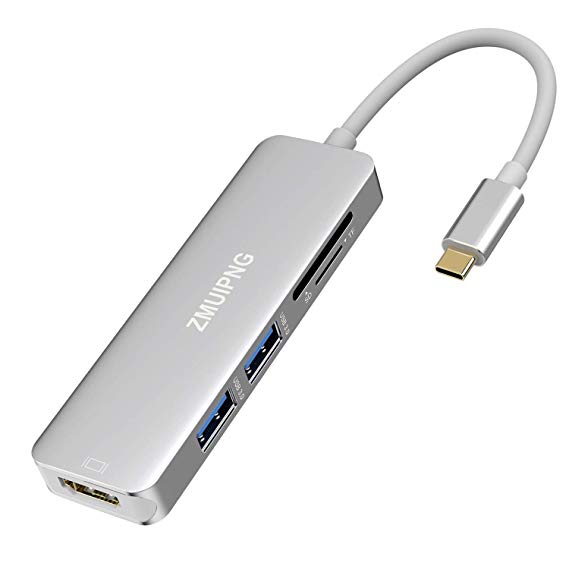 ZMUIPNG USB C to HDMI SD Card Adapter Hub for MacBook Pro 2018/2017,MacBook Air 2018, Surface Go, 5 in 1 USBC Type C Dongle with 4K HDMI, 2 USB 3.0 Ports,SD/Micro SD Card Reader (Silver)