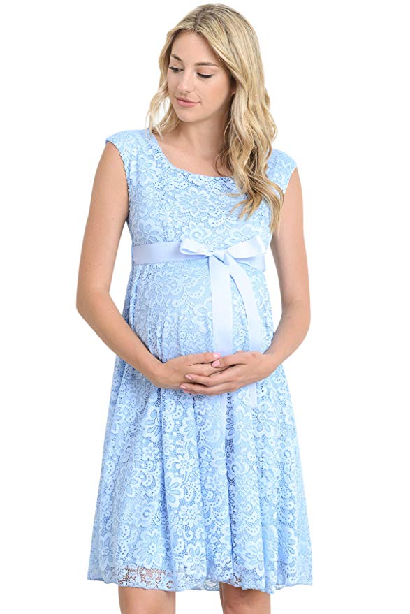 Hello MIZ Maternity Floral Lace Baby Shower Party Cocktail Dress with Ribbon Waist