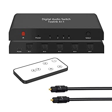Oneme Digital SPDIF/Toslink 4x1 Switch with 3ft Optical Cable and IR Remote Control Aluminum Alloy Digital Audio SPDIF Toslink Optical Fiber Switcher 4 in 1 Out for PS5 PS4 PS3 Xbox Blue-Ray DVD HDTV