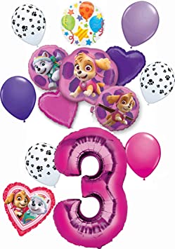 Paw Patrol Party Supplies Skye and Everest Pups 3rd Birthday Balloon Bouquet Decorations Pink Number 3