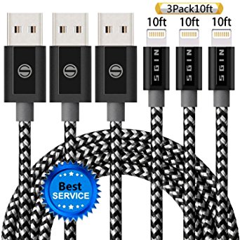 iPhone Cable SGIN,3Pack 10FT Nylon Braided Cord Lightning Cable Certified to USB Charging Charger for iPhone 7,7 Plus,6S,6 Plus,SE,5S,5,iPad,iPod Nano 7 - Black Grey