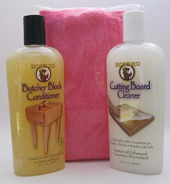 Howard Butcher Block Conditioner and Cutting Board Cleaner Bundle with Microfiber Cloth (Pink)