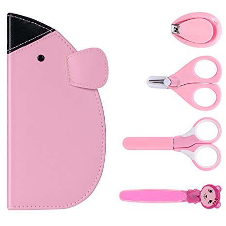Eggsnow Baby Grooming Kit（4 Pieces）Newborn Manicure Set Infant Nail Clippers Set Include 2 Safety Scissors Nail Clipper Nail File with Cute Carry Bag Perfect Shower Gift for Baby Girls and Boys-Pink