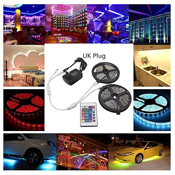 jiguoor 10M (2 * 5m) Waterproof SMD3528 RGB 300 LEDs Flexible light strip with 24 Keys IR Remote   Power Adapter DC12V Control for Kitchen,Bedroom,Sitting Room,Bar,Party