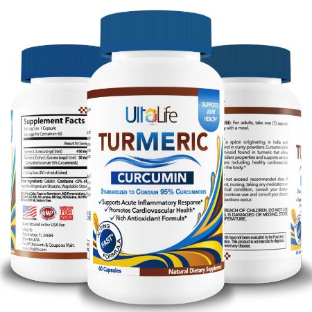 TURMERIC Curcumin Supplement by UltaLife- Premium Pain Relief and Joint Support Benefits- Supreme Anti-Inflammatory Anti-Aging Antioxidant Rich Tablets- 450 mg Turmeric Root  95 Curcuminoids Extract