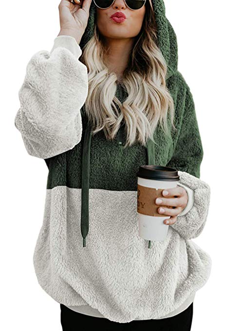 Menglihua Fleece Hoodie Sherpa Pullover Sweatshirt for Women Fuzzy 1/4 Zip Handy Pockets Hooded Outwear