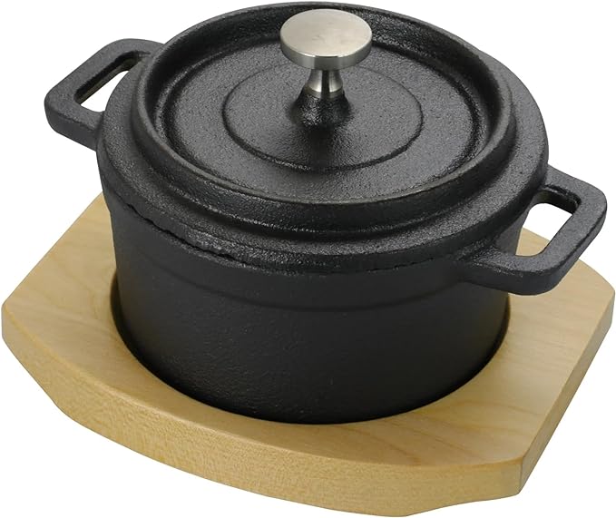 Gibson 93061.03 Campton 0.3 qt. Mini Round Cast Iron Casserole Dutch Oven with Lid & Wooden Base