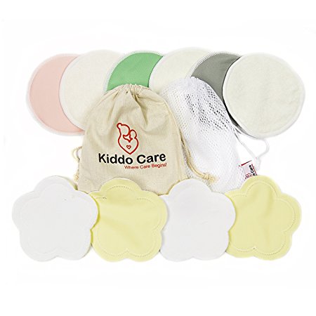 Kiddo Care Washable Organic Bamboo Nursing Pads -10 PACK Colored (5 pairs)- Reusable Breast Pads,Bra pads, Leakproof, Ultra soft, Waterproof, Hypoallergenic breastfeeding pads, absorbent pads!