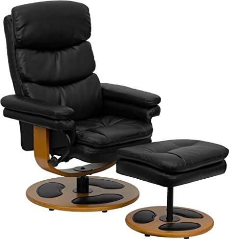 Flash Furniture Contemporary Multi-Position Recliner and Ottoman with Wood Base in Black Leather