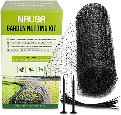 Naubr Garden Netting Kit 7.55 x 65ft Bird Netting 3/5" Mesh Heavy Duty Net for Garden, Farm, Orchard, Lasting Protection Against Birds, Deer and Other Pests,Zip Ties & Anchoring Spikes Included