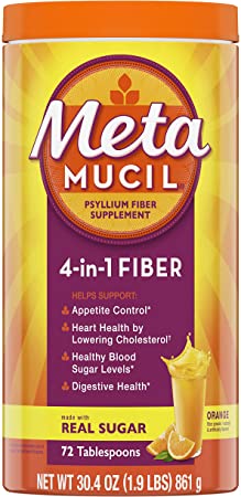 Metamucil Fiber, 4-in-1 Psyllium Fiber Supplement Powder with Real Sugar, Orange Smooth Flavored Drink, 72 Servings (Packaging May Vary)