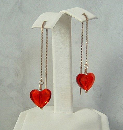 Light Siam Red Heart Swarovski Elements Crystal Earrings 14K Gold Filled Box Chain Ear Threaders