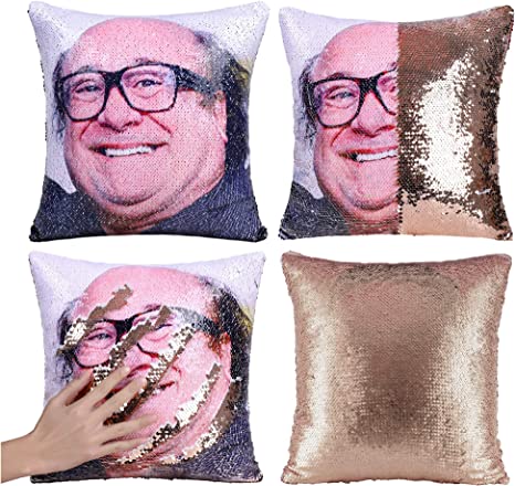 Danny Devito Sequin Pillow Case Mermaid Pillow Cover Funny Reversible Magic Throw Pillow Case That Color Changes 16x16 Inches (Champagne)
