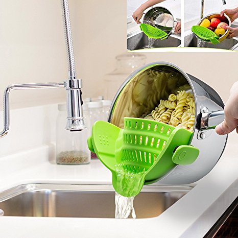 Clip on Silicone Strainer FDA Approved Fits All Pot, Pan & Bowls Best for Anti-spill Food Pasta Spaghetti Vegetables Ground Beef Grease Colander - Green