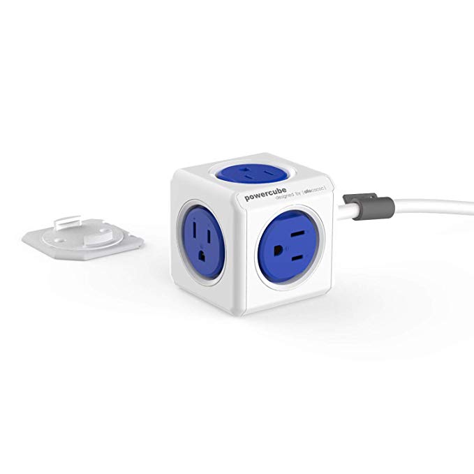 Allocacoc, PowerCube |Extended|, 5 outlets, 5 feet cable, Mounting dock, Surge Protection, Childproof Sockets, ETL Certified (Blue)