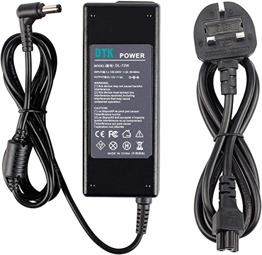 DTK® 12V 6A 72W AC Adapter Charger Power Supply for TFT LCD Monitors, TVs, DVD, TVs, and other Equipments Power Cord Connector size: 5.5mm X 2.5mm