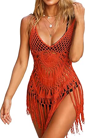 Ekouaer Beach Swimsuit Cover Up Women Crochet Bikini Coverups Summer Pool Swimwear Tassel Dress