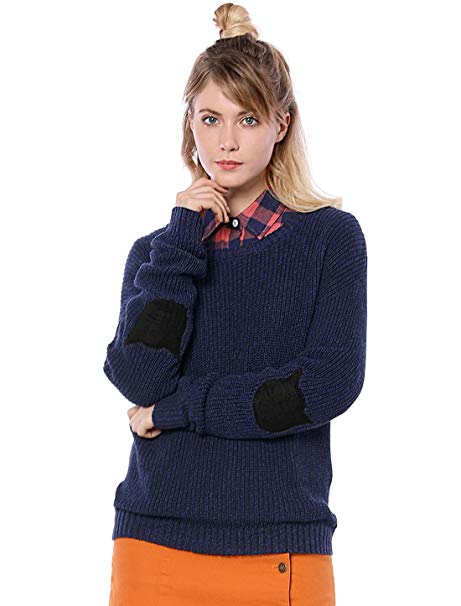 Allegra K Women's Drop Shoulder Elbow Cat Patch Loose Sweater Pullover Jumper