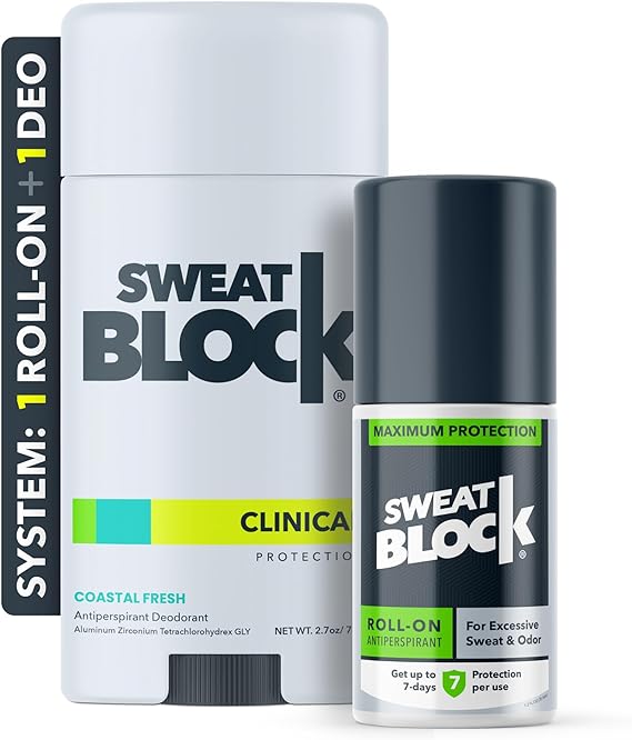 SweatBlock Antiperspirant Deodorant Max Clinical System for Men & Women. Treat Hyperhidrosis, Excessive Sweating & Underarm Odor - Includes: (1) DRIBOOST [PM] Maximum Strength Antiperspirant Roll-on   (1) [AM] Clinical Deodorant
