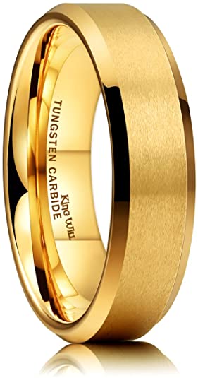 King Will Glory 6mm Matte Finish Tungsten Carbide Ring 24K Gold Plated Comfort Fit Wedding Band