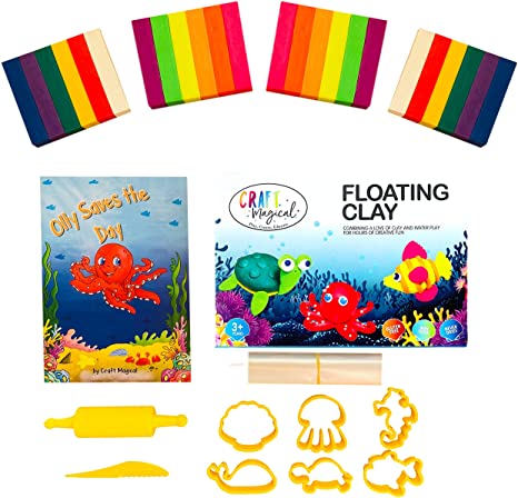 Floating Modeling Clay for Kids Non Hardening Gluten Free. Set of 24 Molding Clay, Story Activity Book and 8 Tools. Fun Sensory Water Play. Endless Arts and Crafts Creativity. Boys Girls Age 3