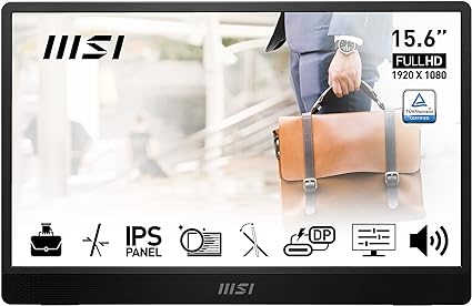 MSI PRO MP161 15.6 Inch Full HD Portable Monitor - 1920 x 1080 IPS Panel, 60Hz, Eye-Friendly Screen (PC, Laptop, Mobile Compatible), Built-in Speakers, Ergo Kickstand - Mini-HDMI 2.0b, 2 x USB Type-C