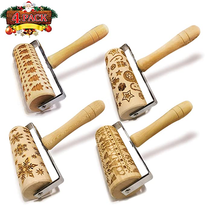 Hand-held Embossed Rolling Pins Christmas Wooden Hand Grip Engraved Rolling Pin for Baking Non-stick Embossed Professional Dough Roller for Cookies with Patterns for Kids and Adults