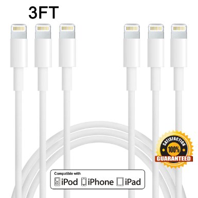Sunnest 6Pack 3FT 8 Pin Lightning to USB Data Cable Sync and Charging Cord Wire for iPhone 6s plus 6s 6 plus 6 5s 5c 5 iPad Air iPad Mini iPod TouchWhite