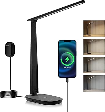 Honeywell LED Desk Lamp Eye Caring - Sunturalux H2 Table Lamp with USB Charging Port, 4 Colour Modes Stepless Dimmable, Auto Timer,Touch Control Foldable Desk Light for Home Office Bedroom Black