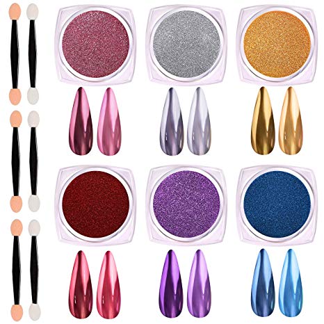 Mirror Nail Powder, KISSBUTY 6 Colors Chrome Nails Powder Holographic Nails Pigment Set Metallic Synthetic Resin Powder Mirror Effects for Nails Art Decoration With Eyeshadow Sticks