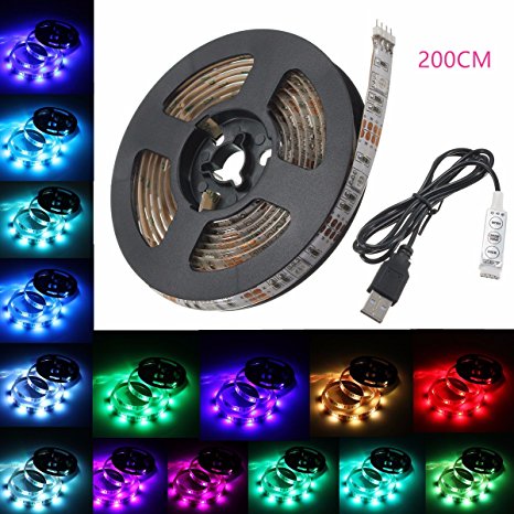 GLISTENY USB RGB LED Strip Light IP65 Waterproof Decorative Flexible Lights String for TV Backlight Laptop Notebook 50-200cm with USB cable DC5V RGB 200cm