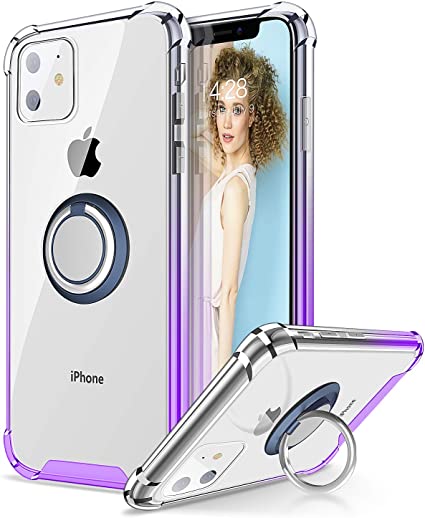 ANSIWEE iPhone 11 Case with Phone Ring Holder, Colorful and Clear Hard Back Shock Drop Proof Impact Resist Extreme Durable Protective Cover Cases for Apple iPhone 11 (Clear Purple)