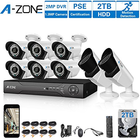 A-ZONE 8 CH 1080P DVR AHD Home Security Camera System W/ 6x HD 960P 1.3MP waterproof Night vision Fixed Surveillance Camera & 2x HD 1.3MP Varifocal Camera IR 2.8-12mm Lens Camera, Including 2TB HDD